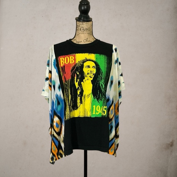 Upcycled Bob Marley T-shirt Kimono Style Oversized One Of A Kind Repurposed Top - Picture 3 of 9
